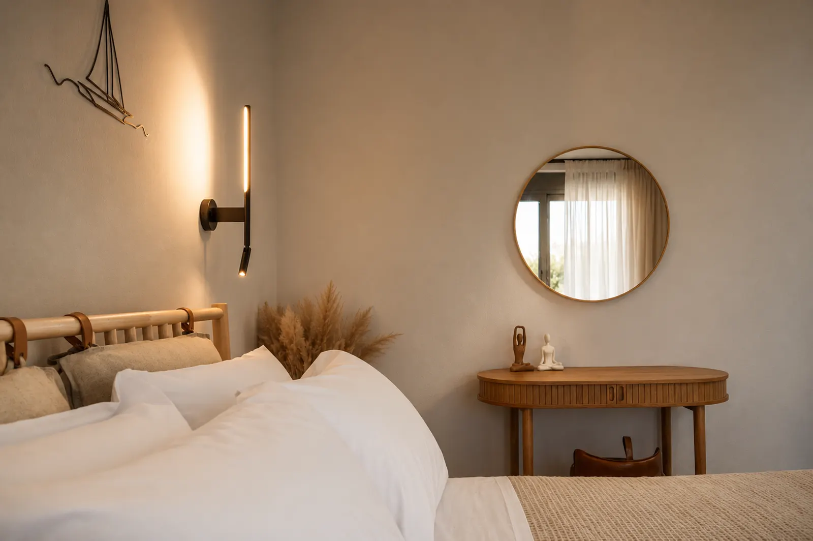 Bedroom with crisp white linens, round mirror and warm sconce light