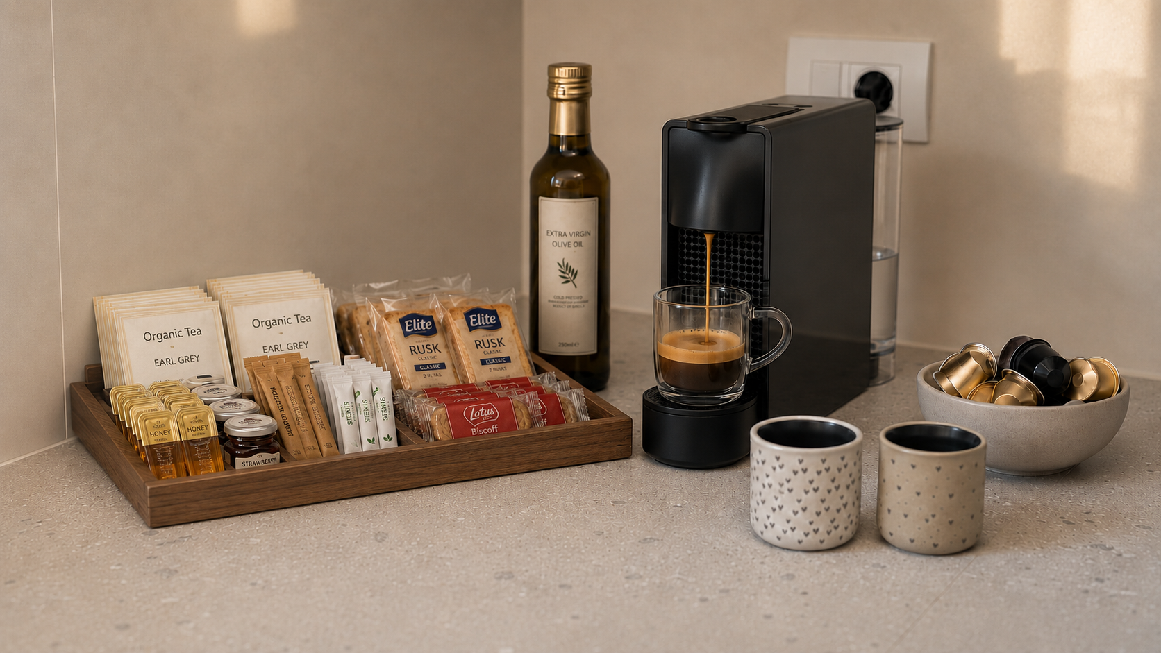 Kitchen counter with a Nespresso machine, coffee capsules, Greek olive oil and ceramic cups in warm light