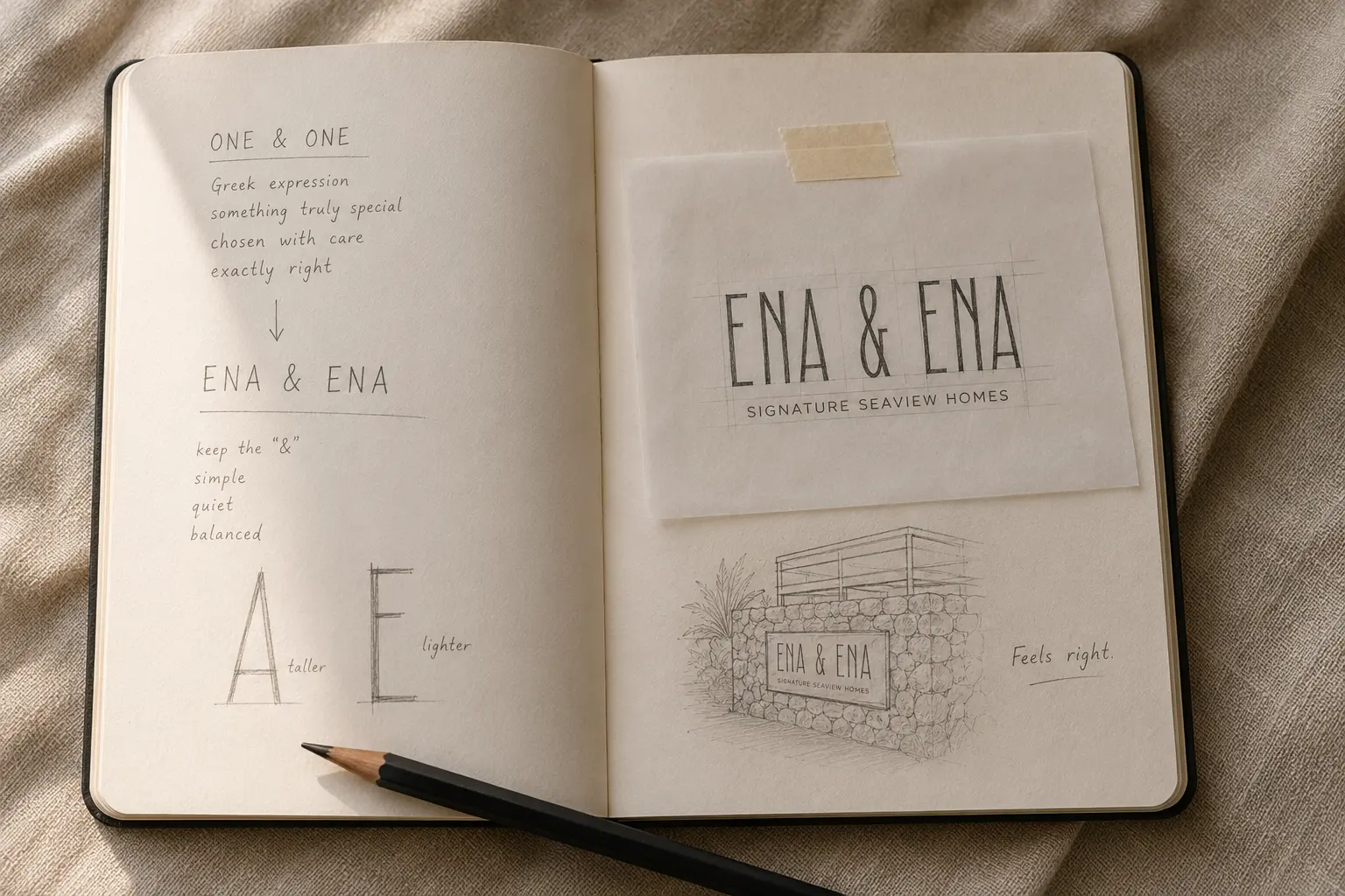 Hand-drawn Ena & Ena brand notes — logo studies and the stone entrance
