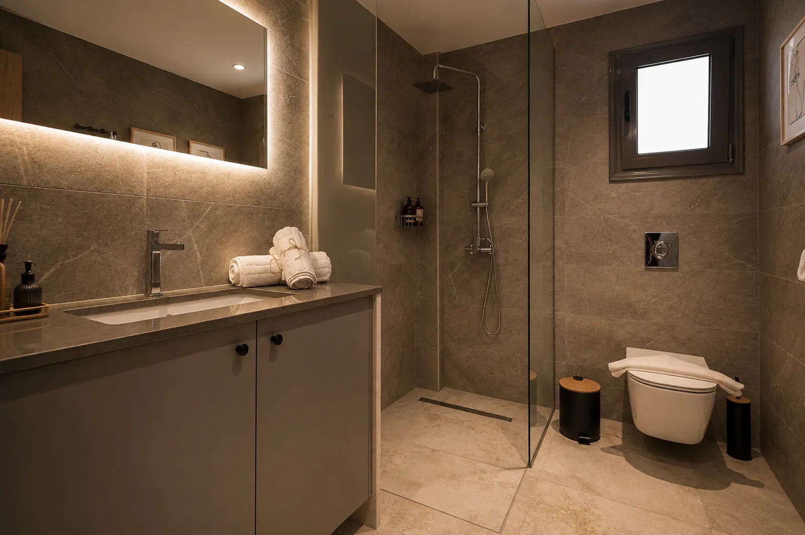 Spotless stone bathroom with walk-in rain shower and rolled towels
